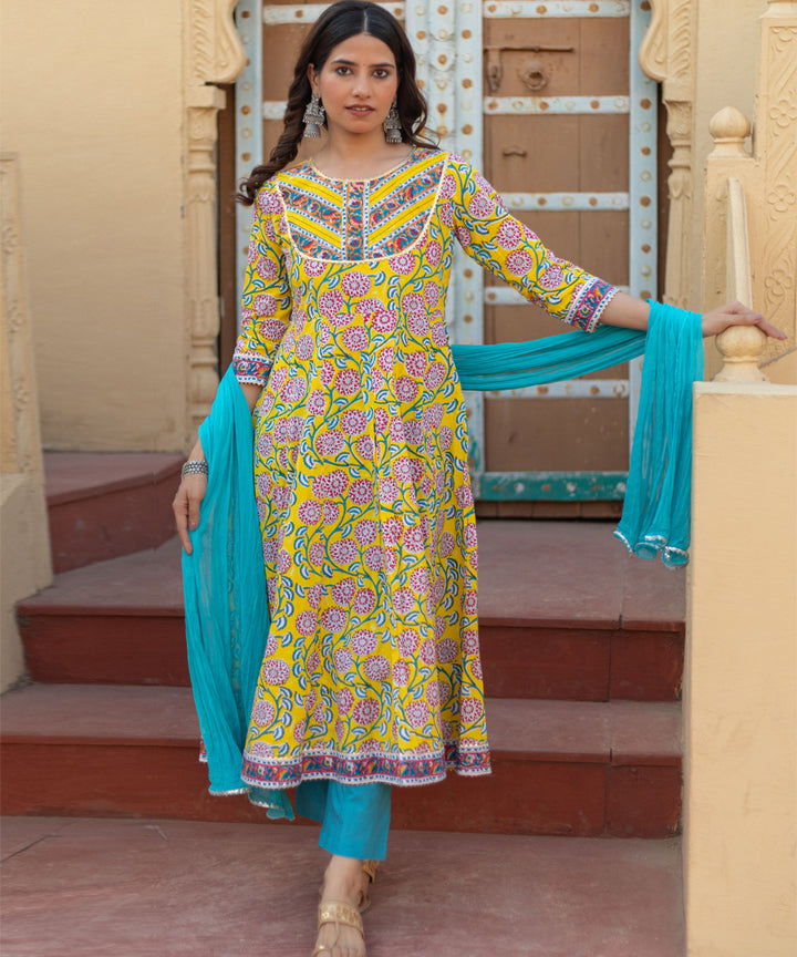 Golden bloom hand block printed cotton suit set