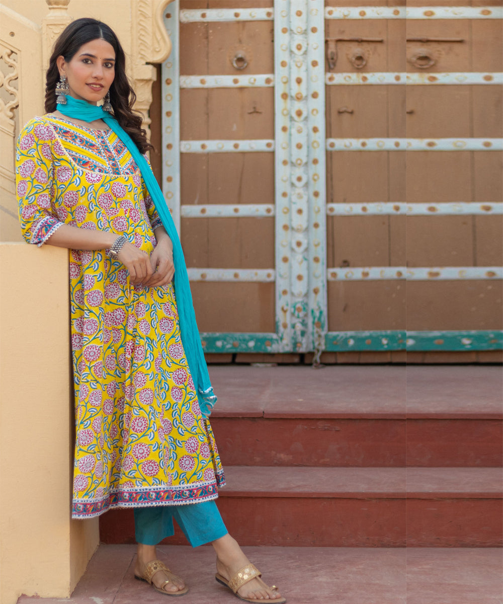 Golden bloom hand block printed cotton suit set