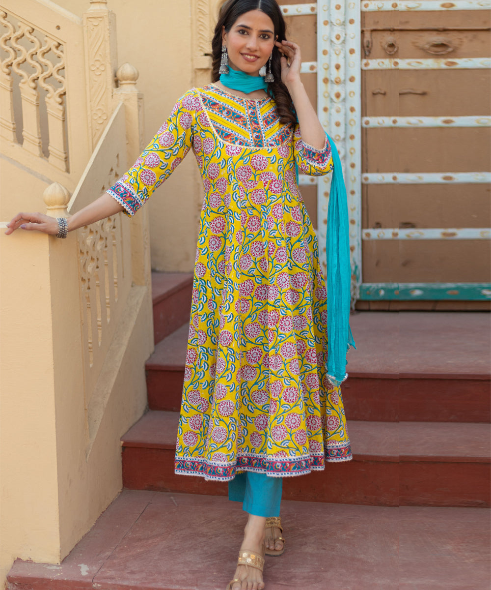Golden bloom hand block printed cotton suit set