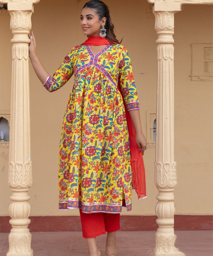 Sunshine garden hand block printed cotton suit set