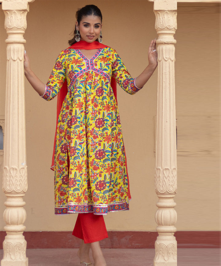 Sunshine garden hand block printed cotton suit set