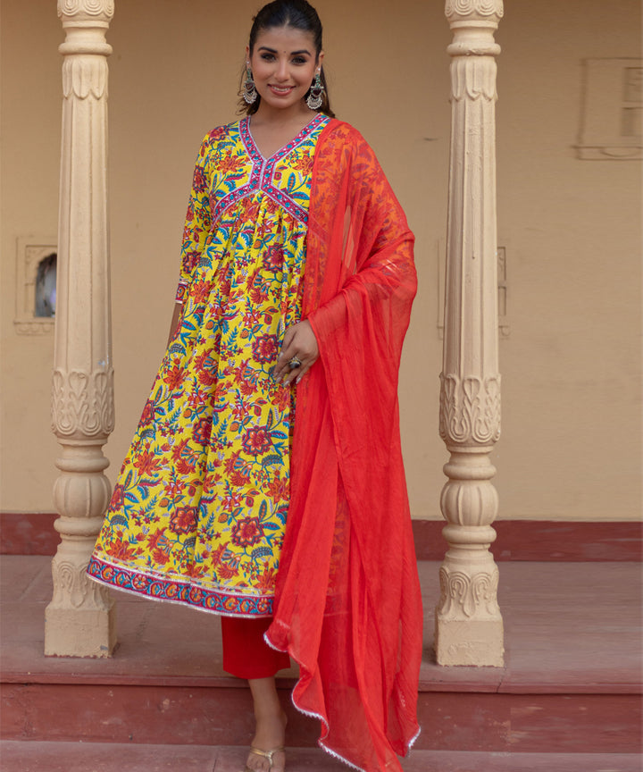 Sunshine garden hand block printed cotton suit set