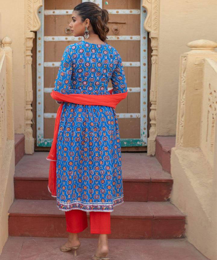 Azure medallions hand block printed cotton suit set