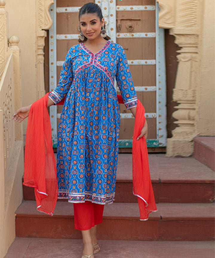 Azure medallions hand block printed cotton suit set