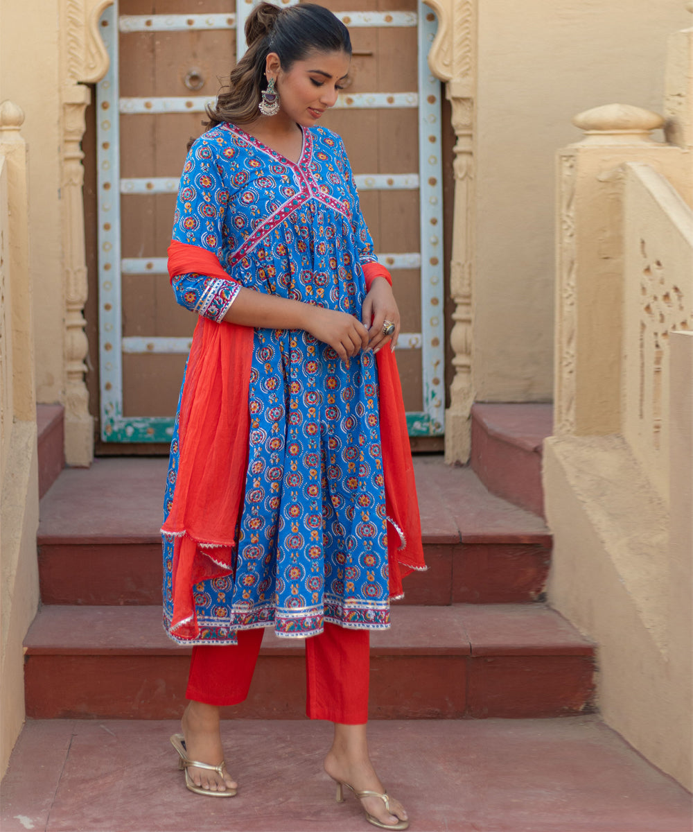 Azure medallions hand block printed cotton suit set