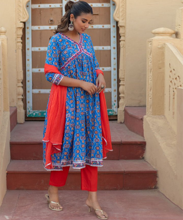 Azure medallions hand block printed cotton suit set