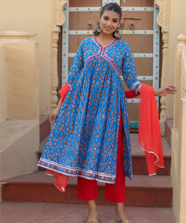 Azure medallions hand block printed cotton suit set
