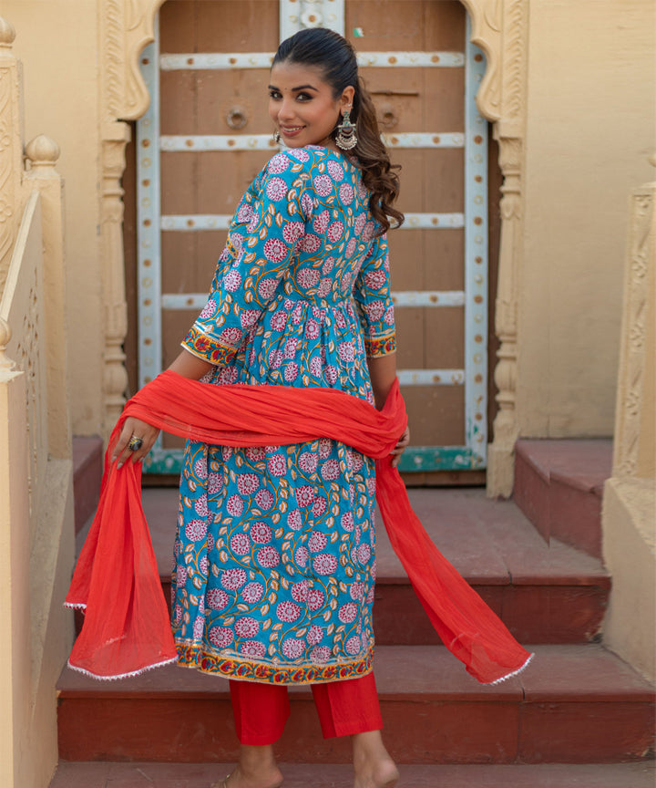 Floral celebration hand block printed cotton suit set