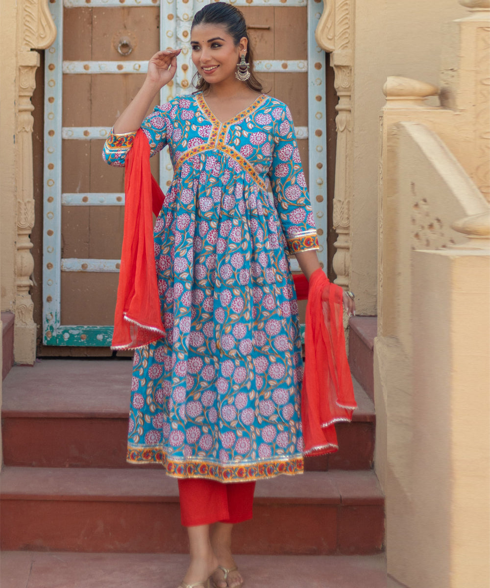 Floral celebration hand block printed cotton suit set