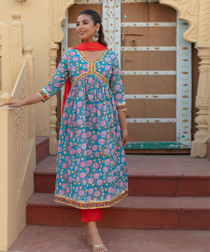 Floral celebration hand block printed cotton suit set
