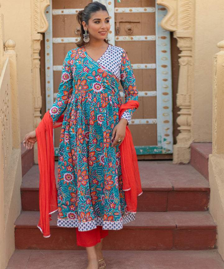 Coral celebration hand block printed cotton suit set