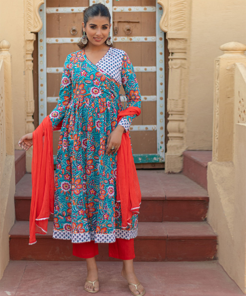 Coral celebration hand block printed cotton suit set
