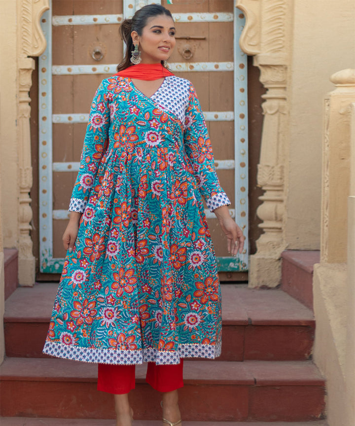 Coral celebration hand block printed cotton suit set