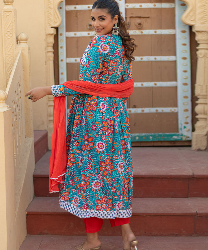 Coral celebration hand block printed cotton suit set