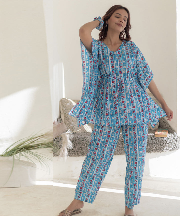 Azure stripes hand block printed kaftan set