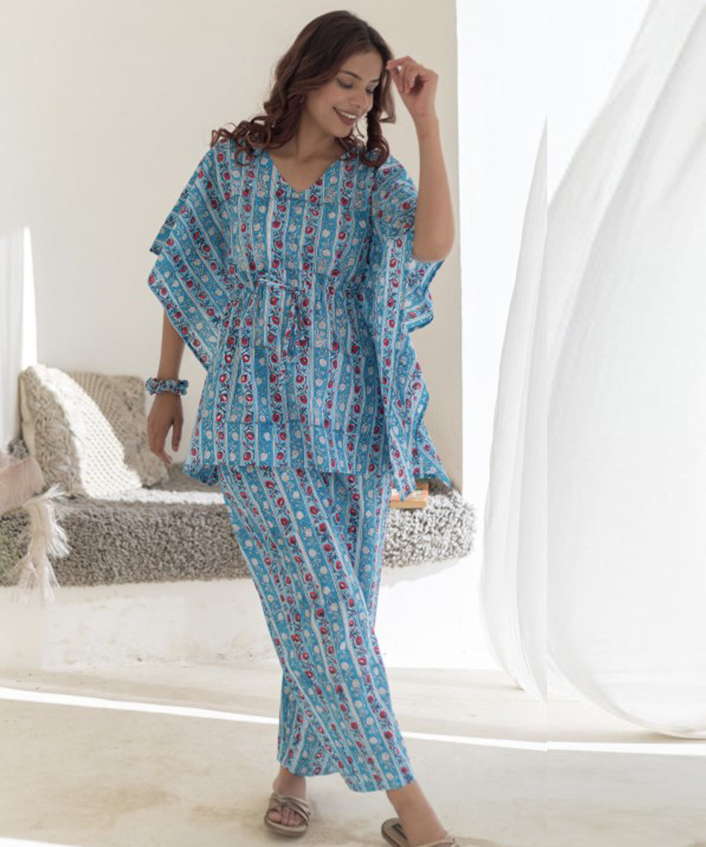 Azure stripes hand block printed kaftan set