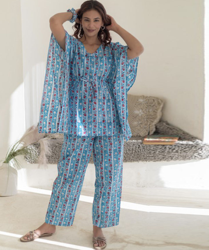 Azure stripes hand block printed kaftan set