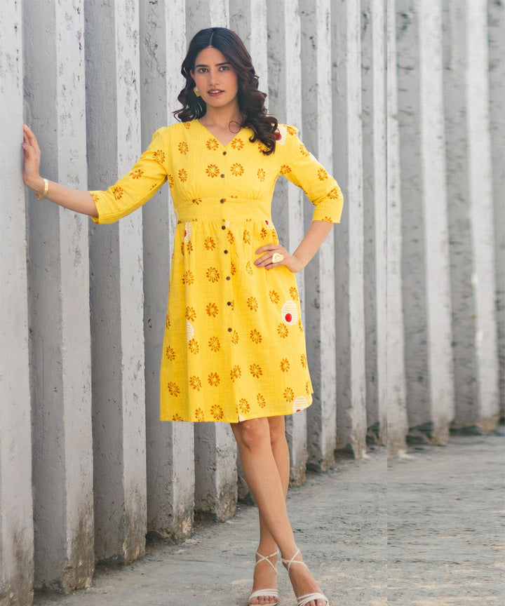 Foral medallion yellow hand block printed cotton dress