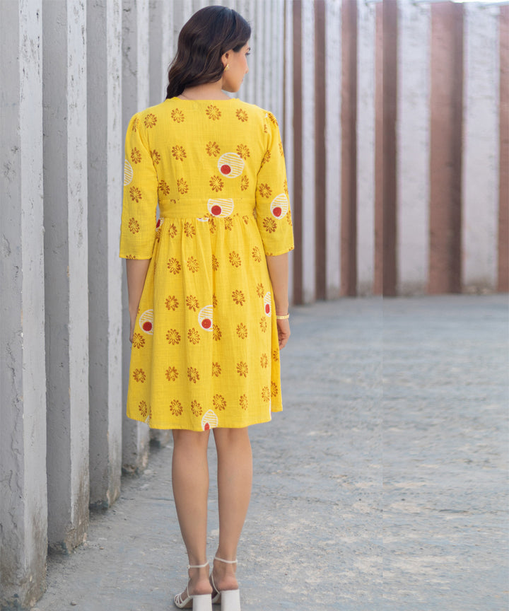 Foral medallion yellow hand block printed cotton dress