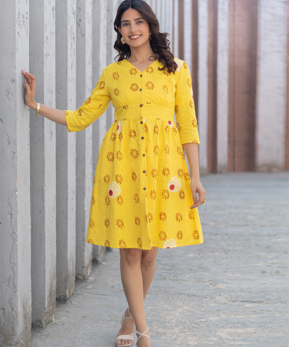 Foral medallion yellow hand block printed cotton dress