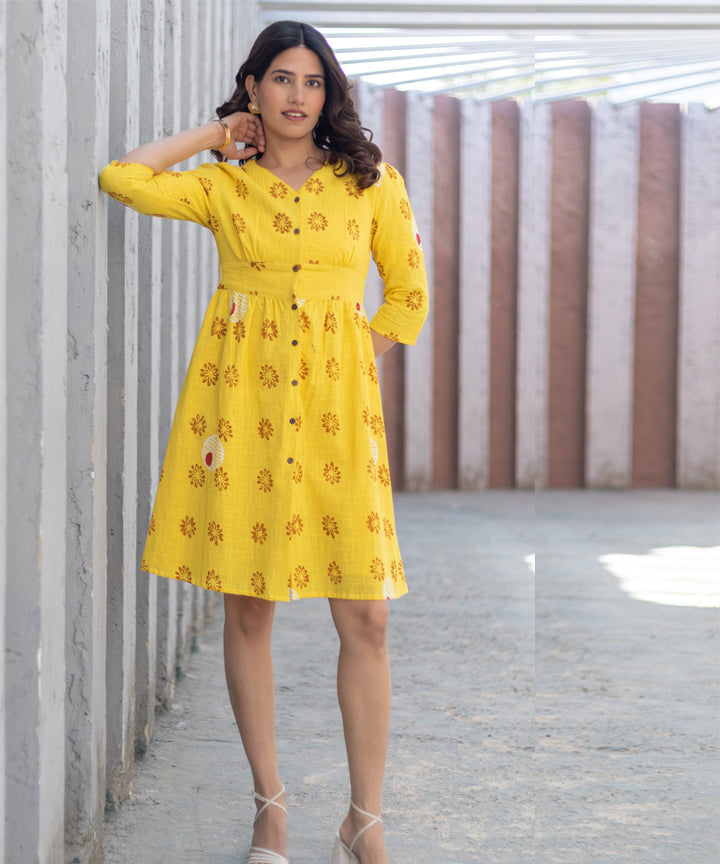 Foral medallion yellow hand block printed cotton dress