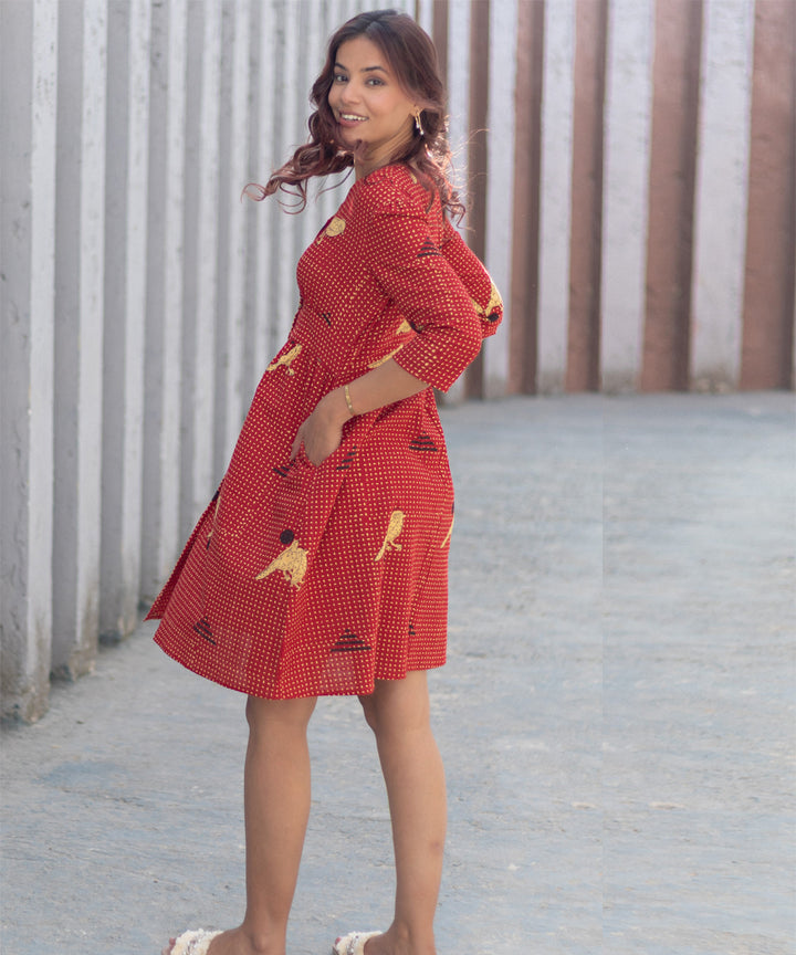 Sparrow tales red hand block printed cotton dress