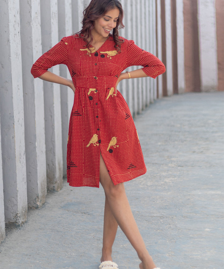 Sparrow tales red hand block printed cotton dress