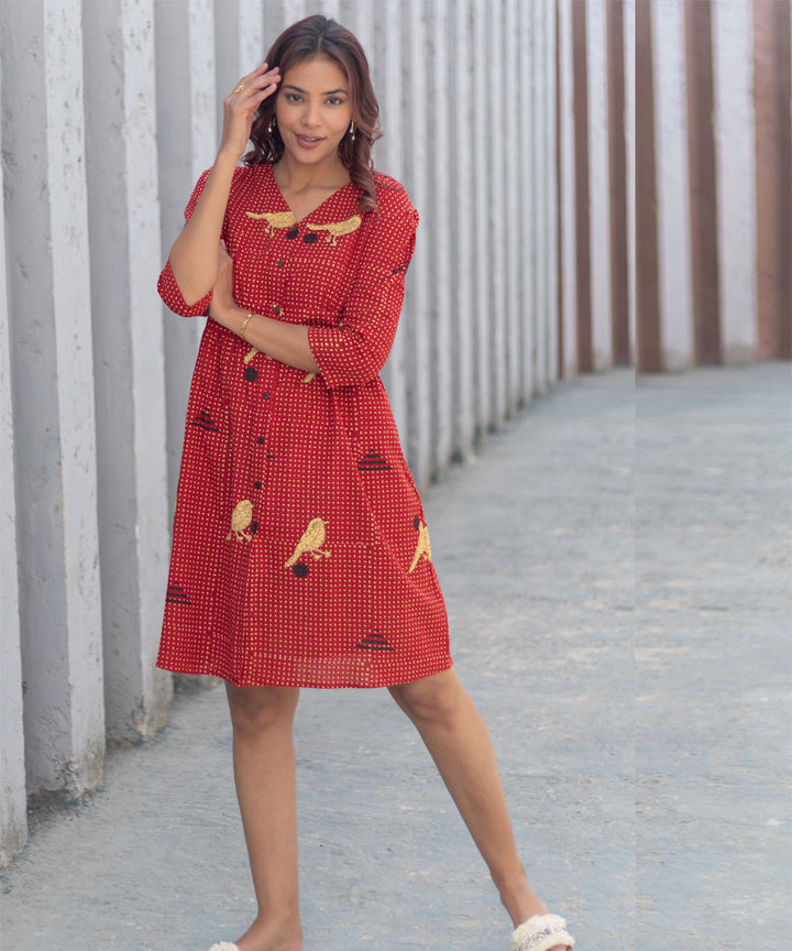 Sparrow tales red hand block printed cotton dress