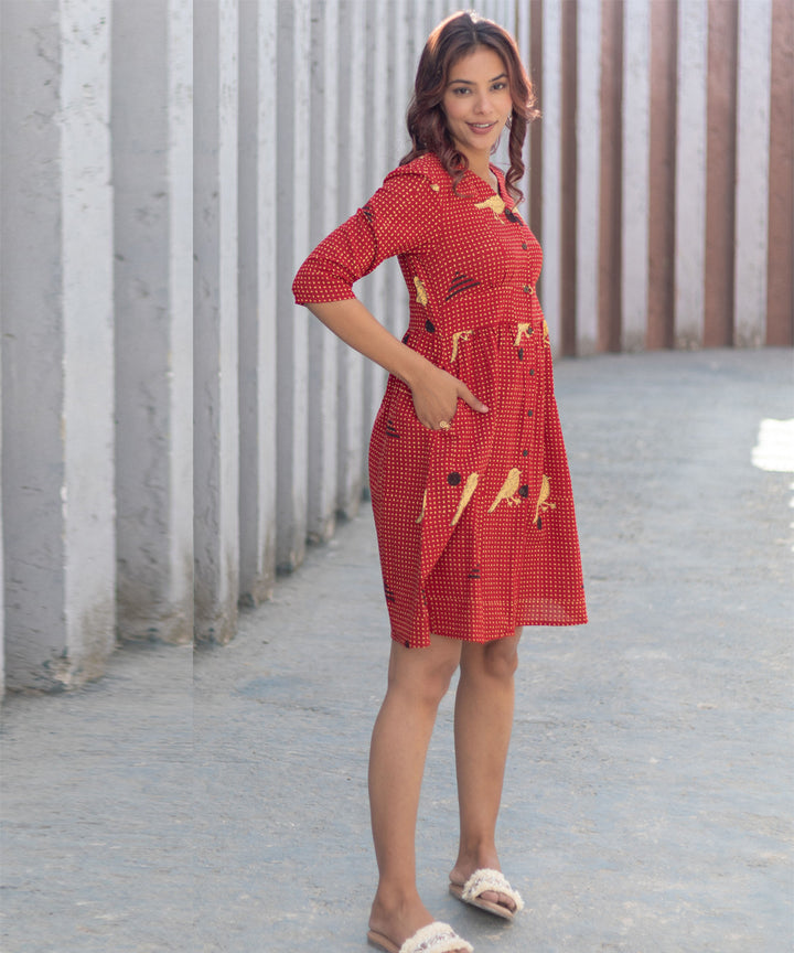 Sparrow tales red hand block printed cotton dress