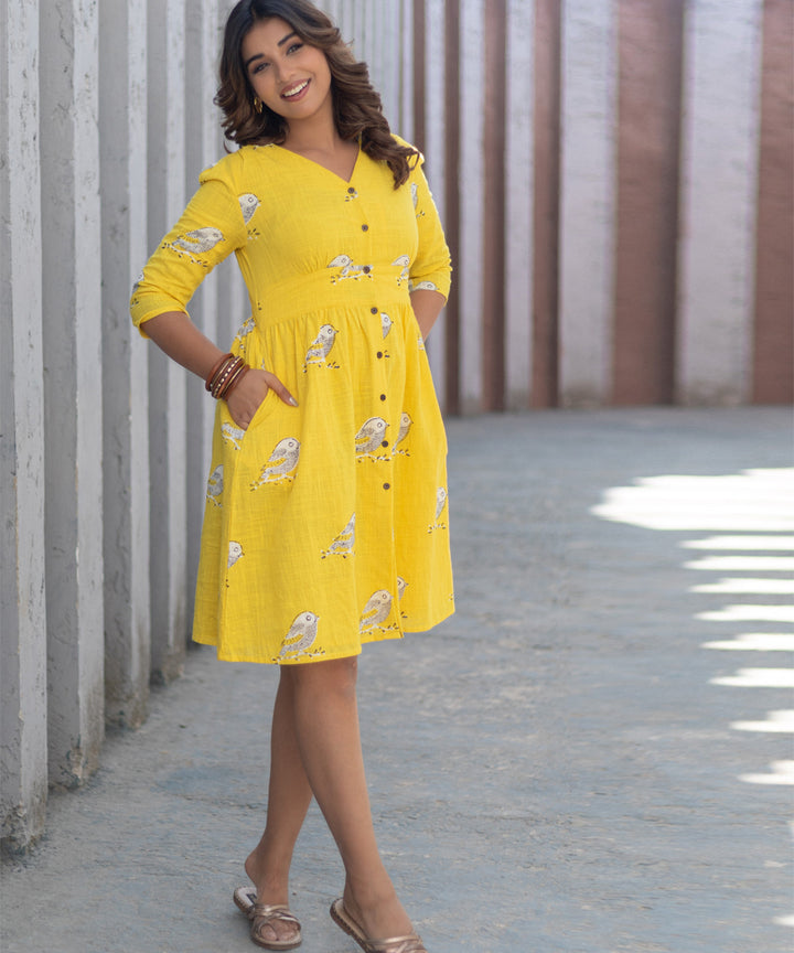 Sunlit sparrow hand block printed cotton dress