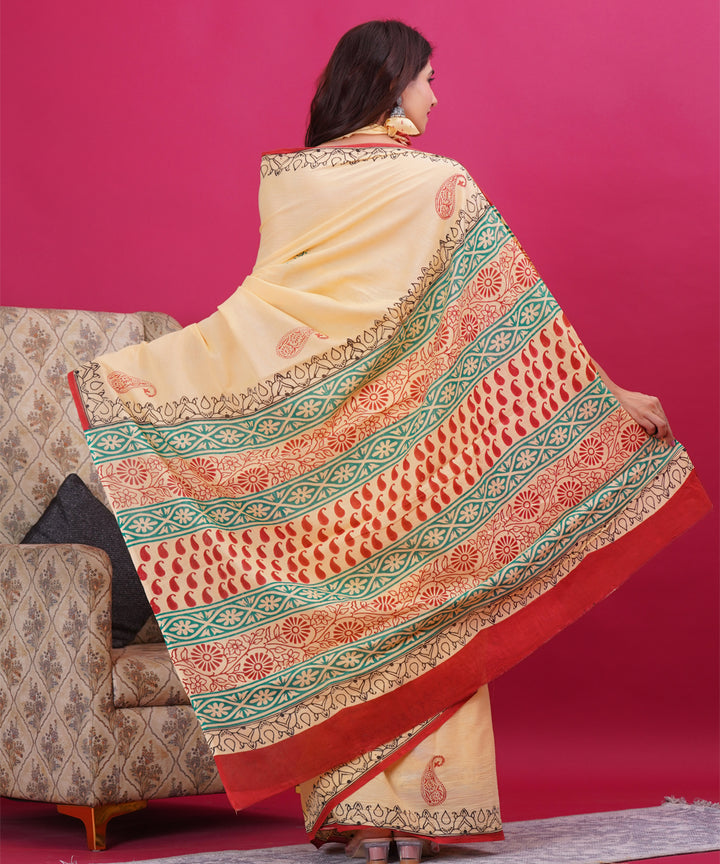 Light yellow red hand block cotton sanganeri printed saree