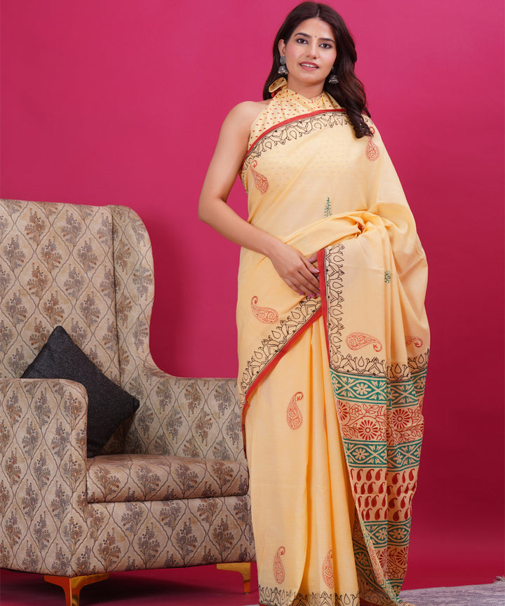 Light yellow red hand block cotton sanganeri printed saree