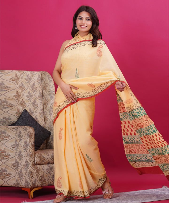 Light yellow red hand block cotton sanganeri printed saree