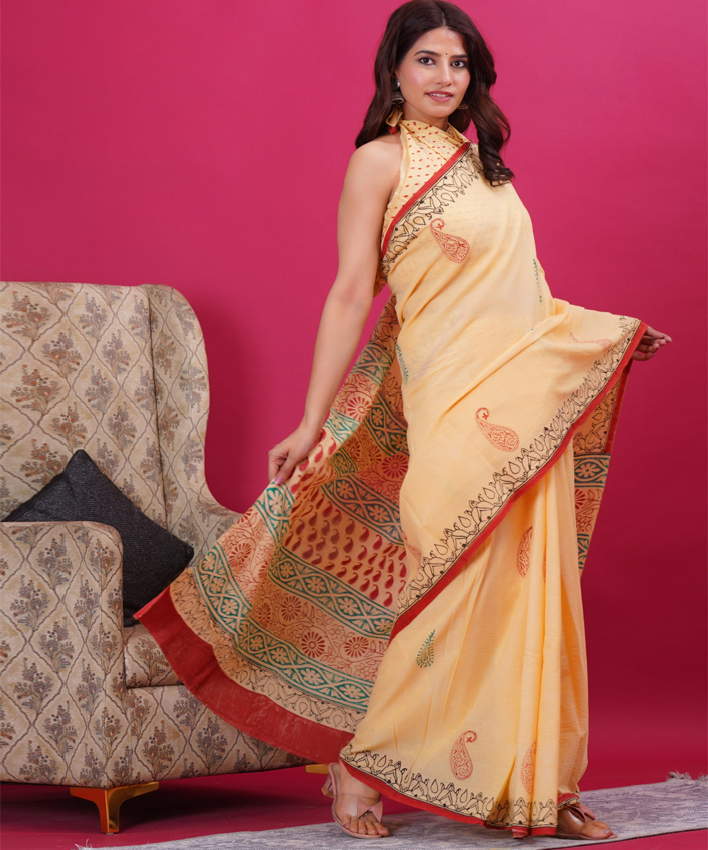 Light yellow red hand block cotton sanganeri printed saree