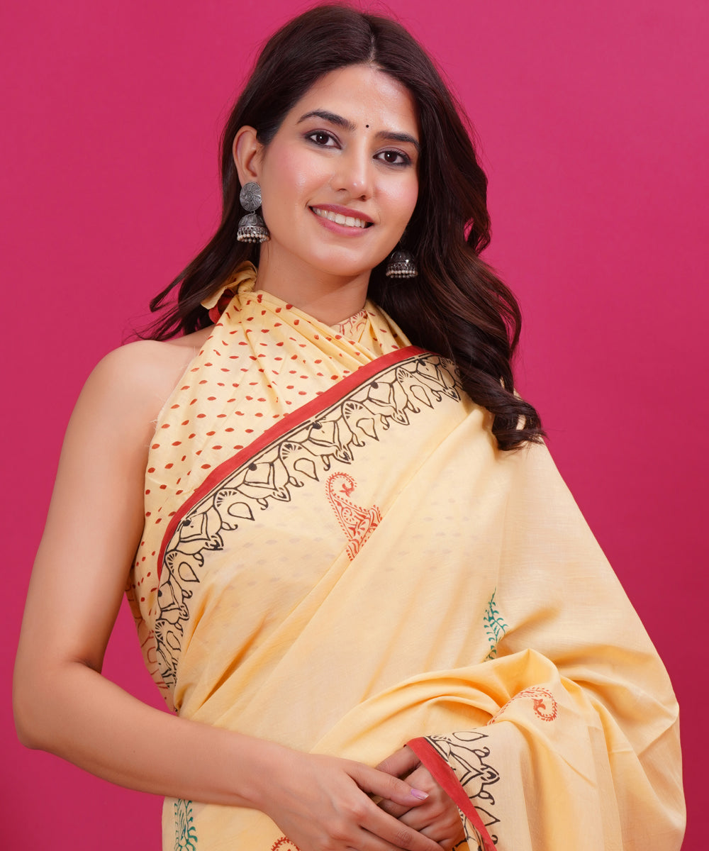 Light yellow red hand block cotton sanganeri printed saree