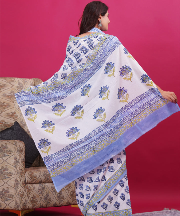Sky blue white hand block sanganeri printed cotton saree