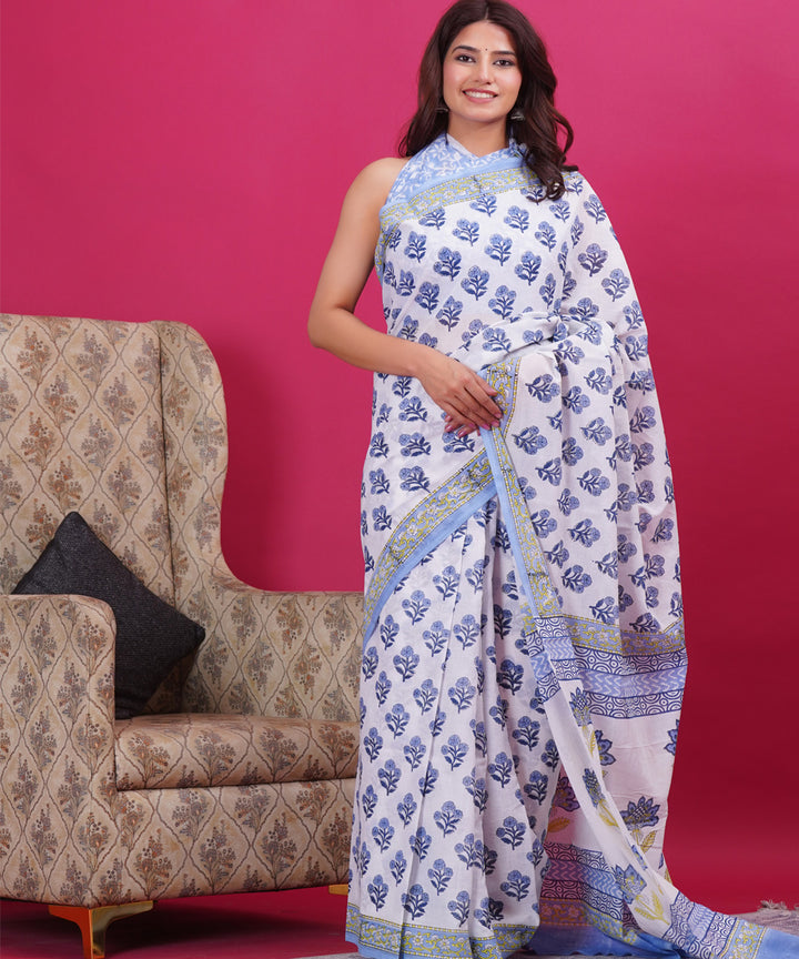 Sky blue white hand block sanganeri printed cotton saree