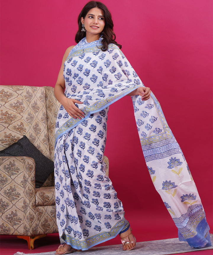 Sky blue white hand block sanganeri printed cotton saree