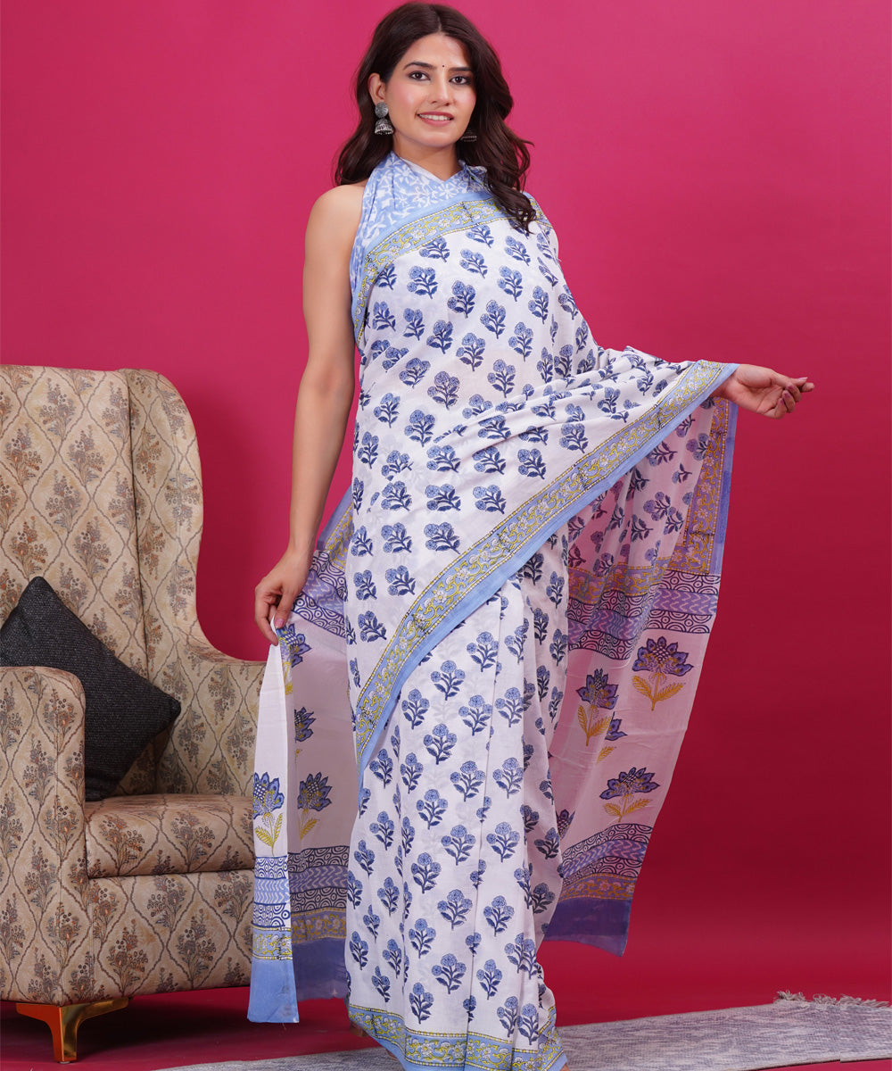 Sky blue white hand block sanganeri printed cotton saree