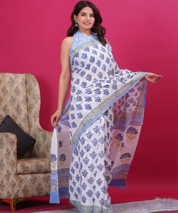 Sky blue white hand block sanganeri printed cotton saree