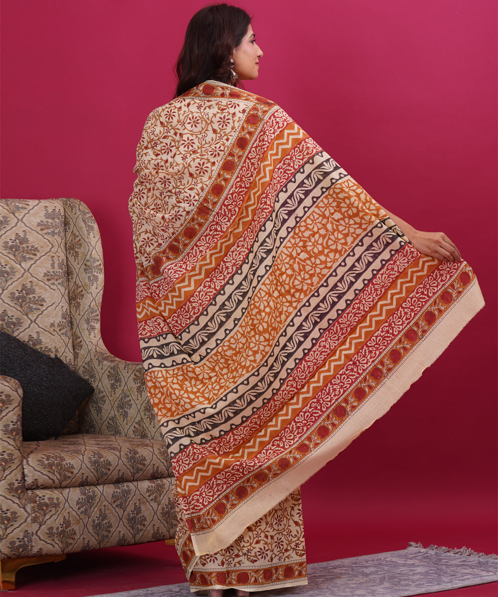 Beige red cotton hand block sanganeri printed saree