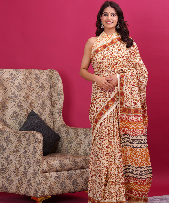 Beige red cotton hand block sanganeri printed saree