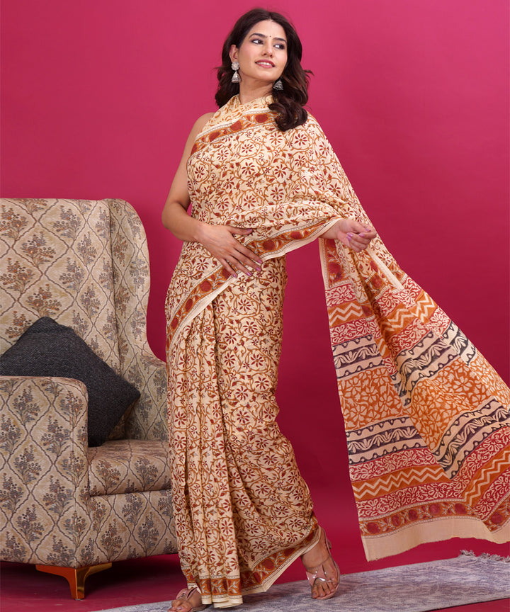Beige red cotton hand block sanganeri printed saree