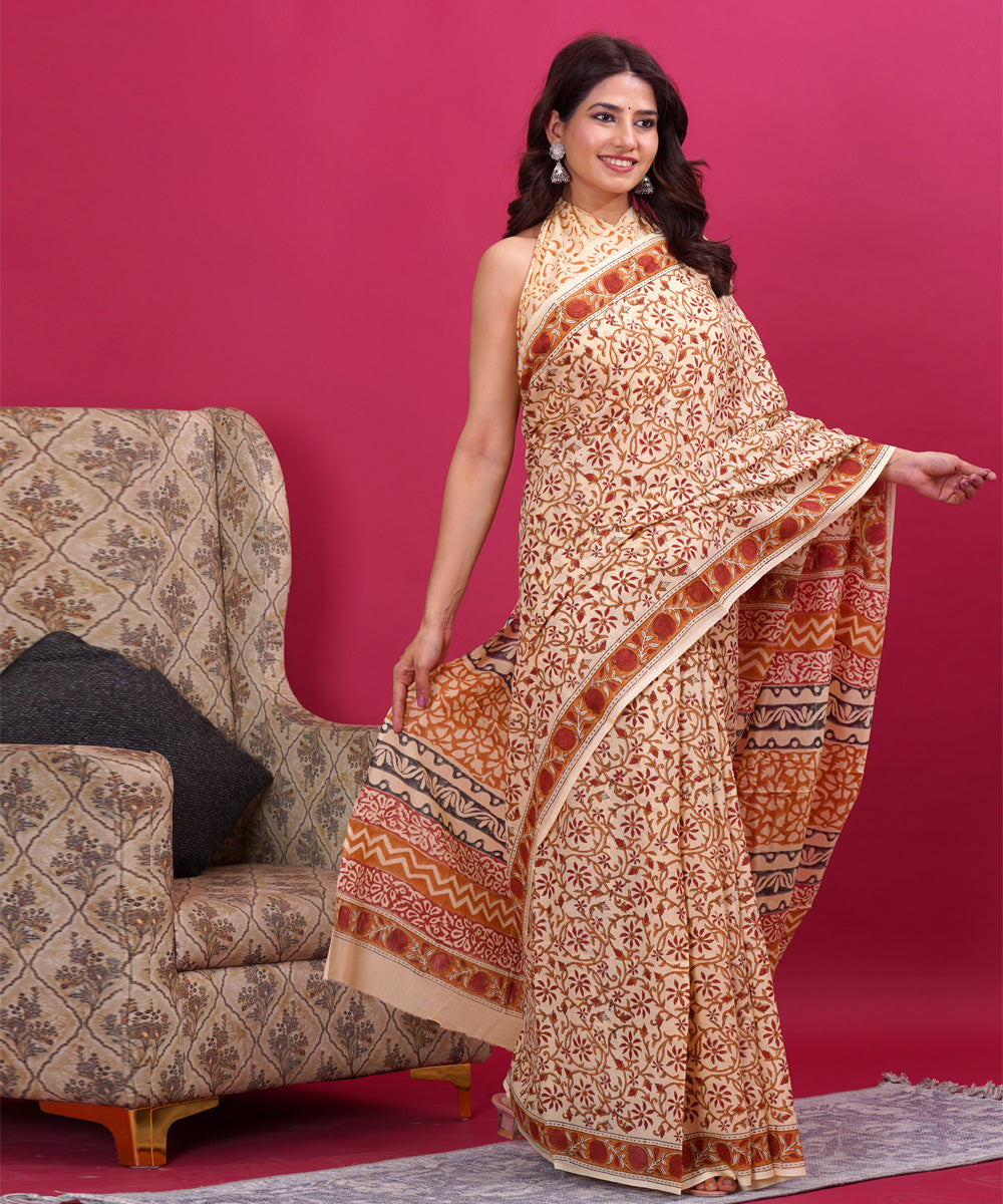 Beige red cotton hand block sanganeri printed saree