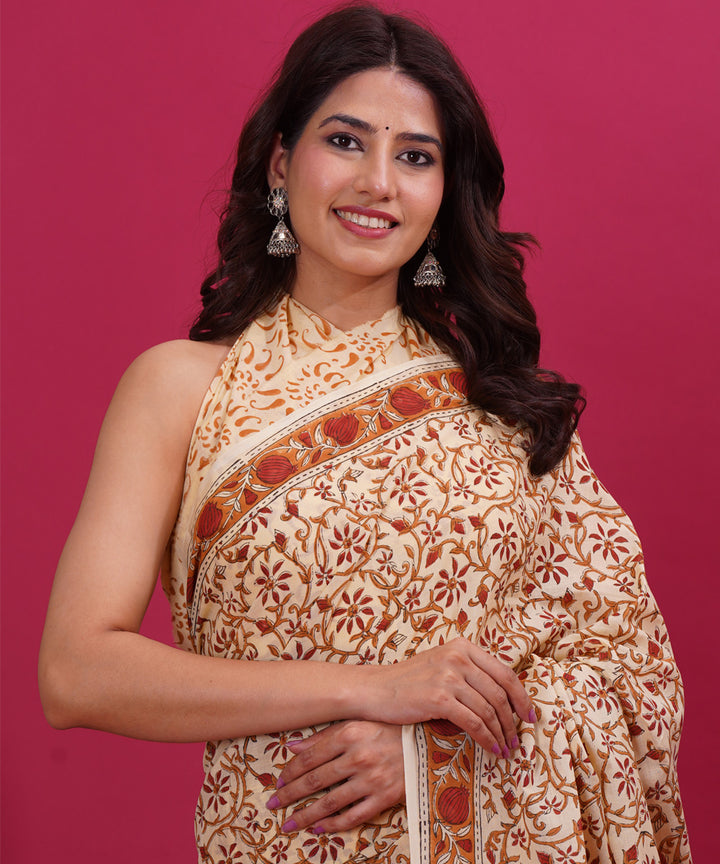 Beige red cotton hand block sanganeri printed saree