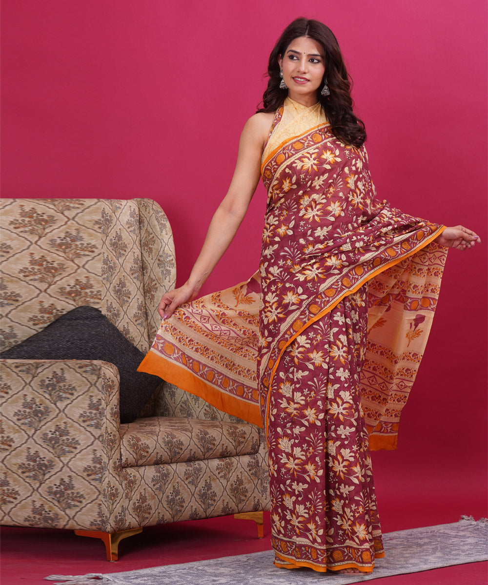 Maroon orange cotton hand block sanganeri printed saree