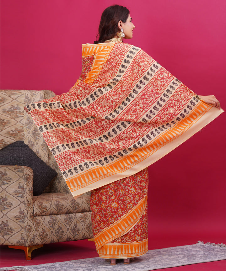 Red orange cotton hand block sanganeri printed saree