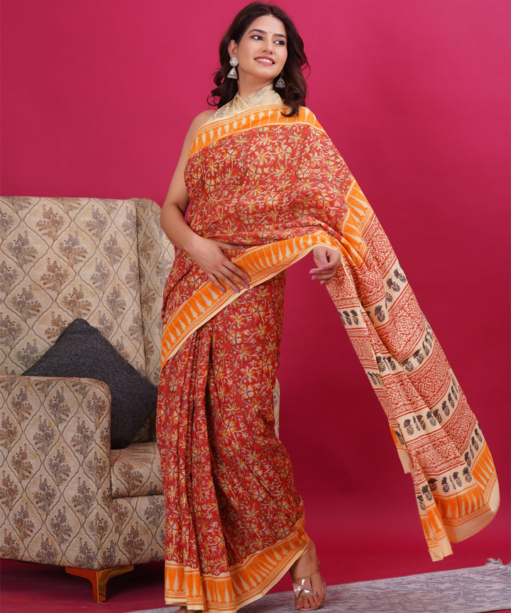 Red orange cotton hand block sanganeri printed saree