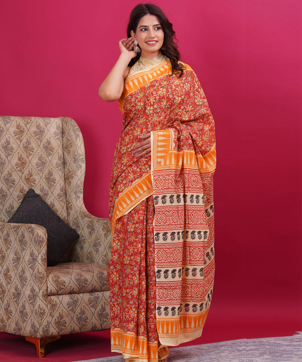 Red orange cotton hand block sanganeri printed saree