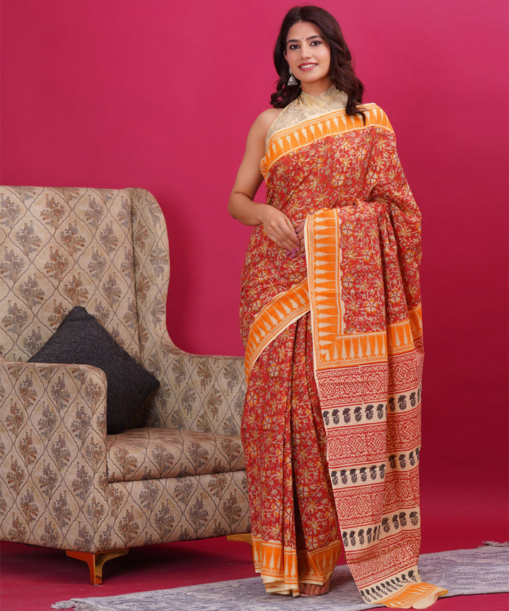 Red orange cotton hand block sanganeri printed saree